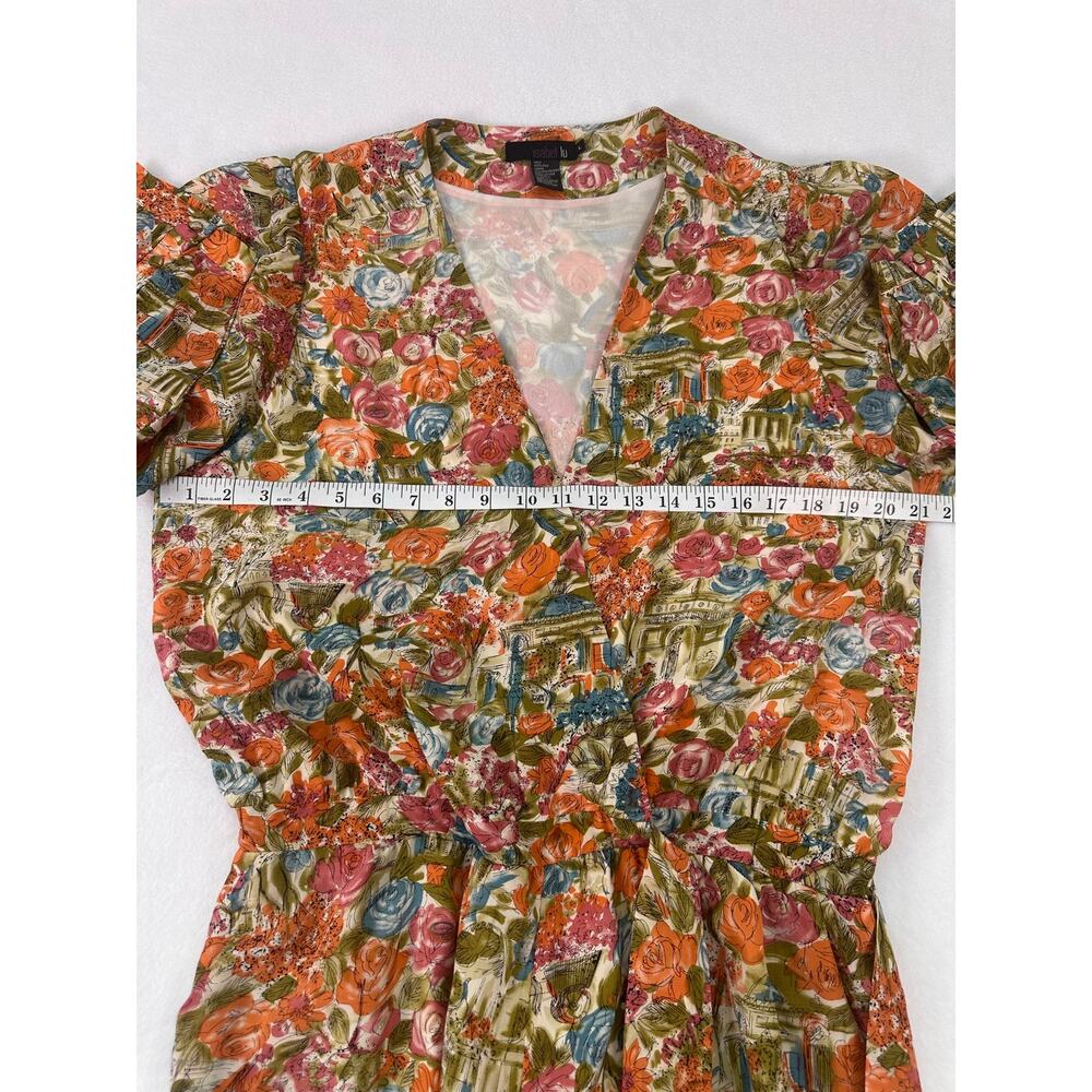 Isabel Lu 100% Silk Floral Belted Romper Size Large Multicolor Garden Print - Picture 11 of 12